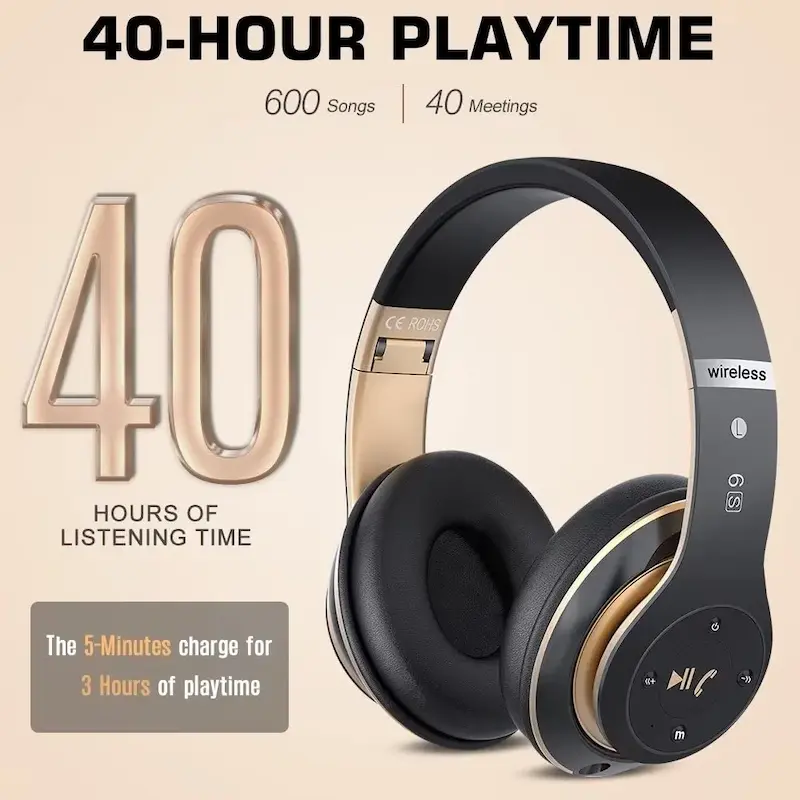 هدفون بی‌سیم بلوتوث روگوشی 6S، هدفون استریو بی‌سیم تاشو Hi-Fi با میکروفون داخلی، کنترل صدا، FM برای موبایل/کامپیوتر (مشکی و طلایی)