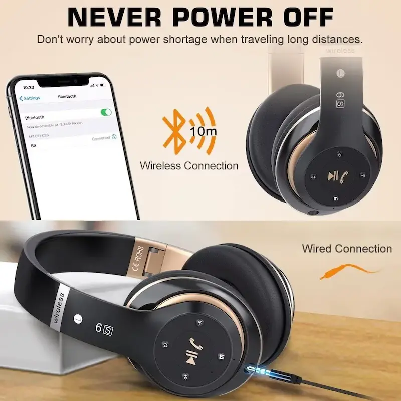 هدفون بی‌سیم بلوتوث روگوشی 6S، هدفون استریو بی‌سیم تاشو Hi-Fi با میکروفون داخلی، کنترل صدا، FM برای موبایل/کامپیوتر (مشکی و طلایی)
