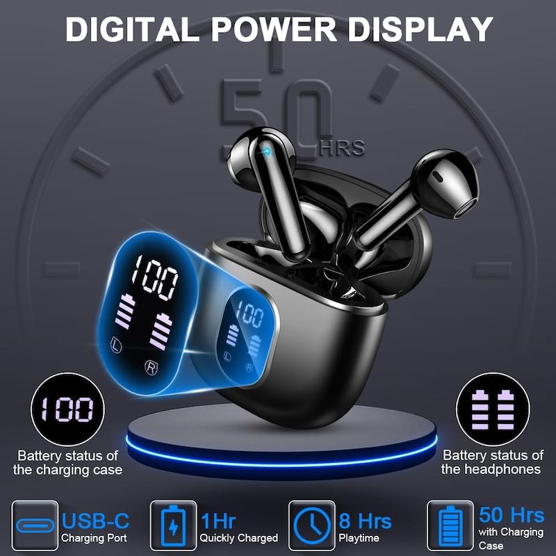 هدفون Drsaec مدلi52 بلوتوث ۵.۳ (۲۰۲۴) حذف نویز با استریو ۵۰H Hifi، هدست ضد آب IP7، USB-C، نمایشگر LED-کپی