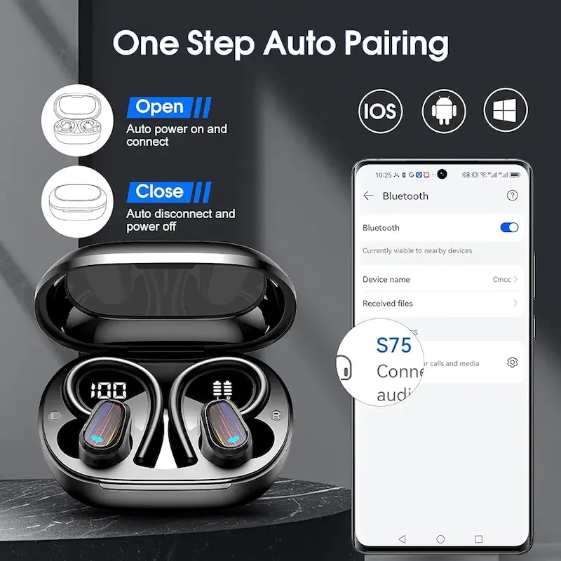 هدفون بلوتوث OYIB،مدل S75 داخل گوشی، بی‌سیم، بلوتوث ۵.۳، هدفون بی‌سیم، ضد آب IP7، نمایشگر LED