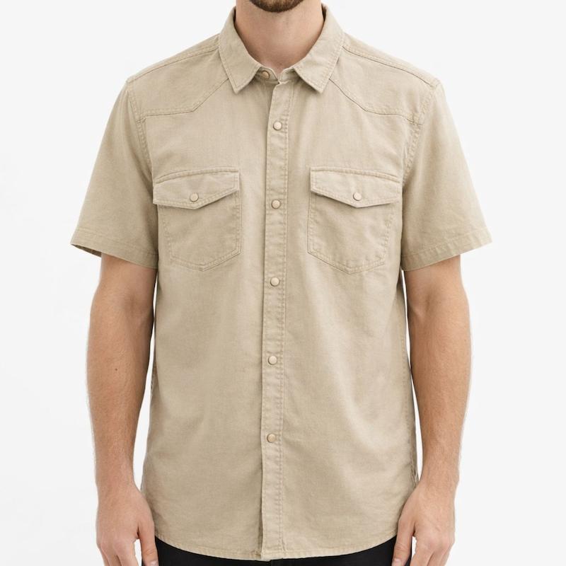 پیراهن آستین کوتاه کتان دو جیب رنگ کرم