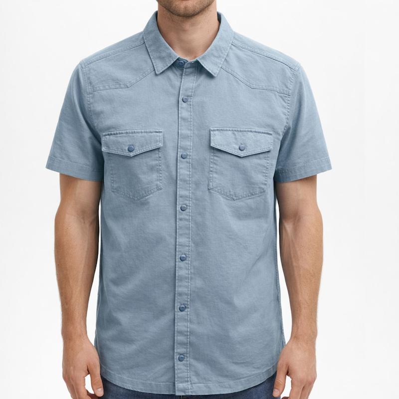 پیراهن آستین کوتاه کتان دو جیب رنگ آبی