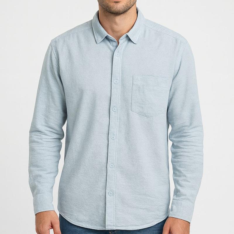 پیراهن کنفی تک جیب رنگ آبی کاسپین
