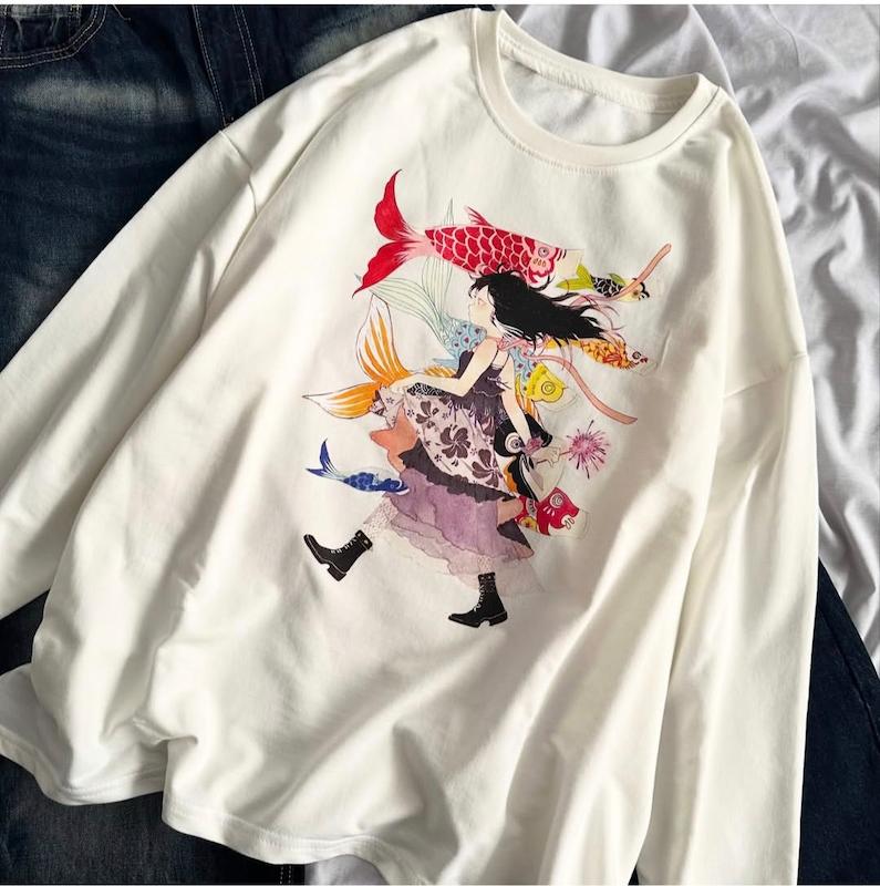 تیشرت آستین بلند طرح دختر و ماهی