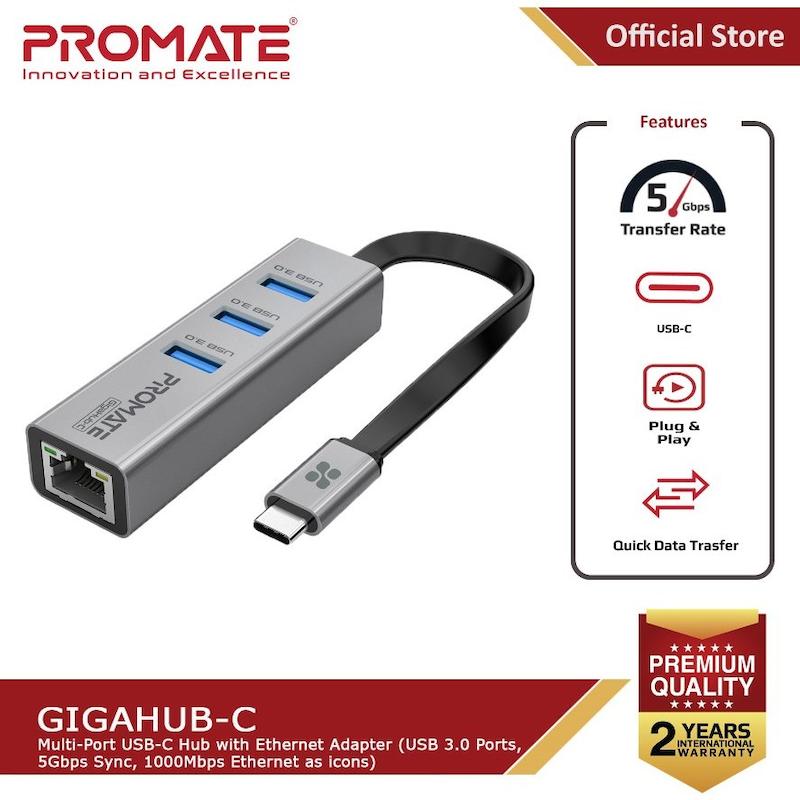 هاب USB-C پرومیت مدل GigaHub-C | هاب چندمنظوره Type-C با 3 پورت USB 3.0 و گیگابیت اترنت