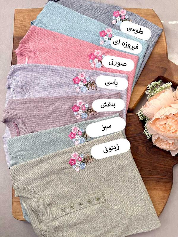 تیشرت کبریتی زنانه گلدوزی جلو دکمه