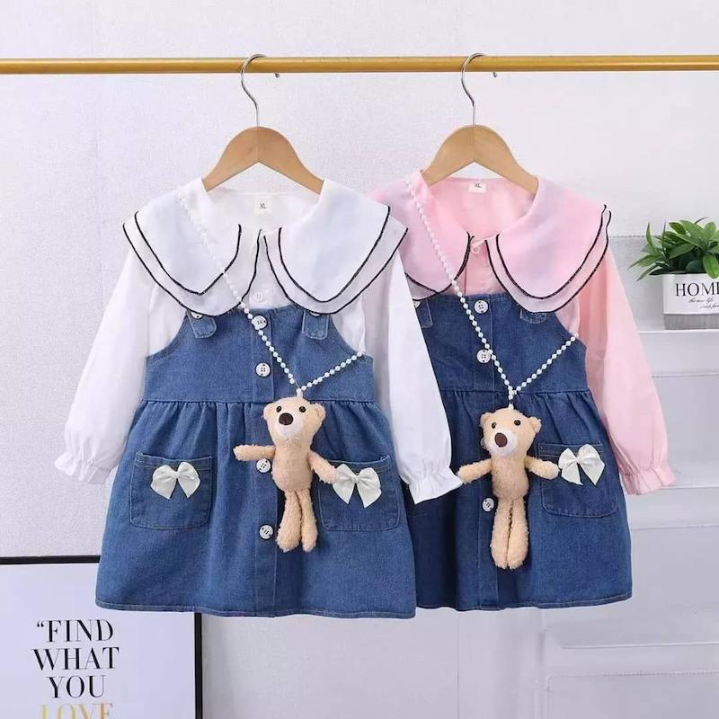 ست پیراهن دخترانه جین و بلوز و آویز خرسی کد 7792