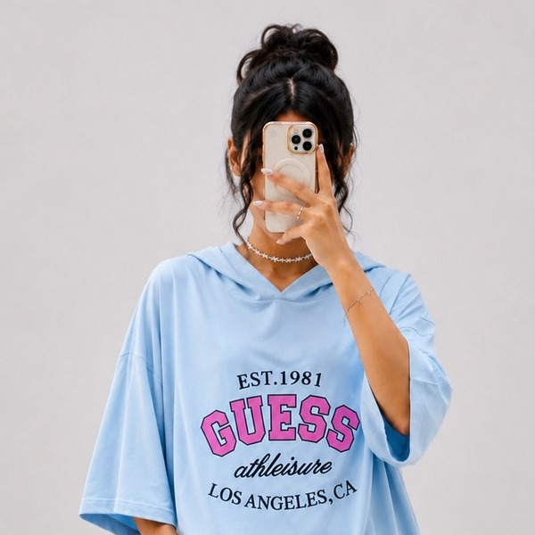 تیشرت باکسی کلاهدار GUESS فری‌سایز