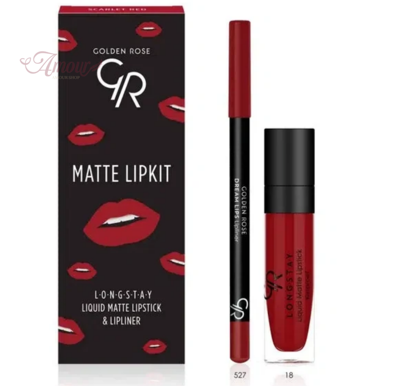 کیت لب مات گلدن رز Golden Rose مدل Scarlet Red با مداد لب شماره 527 و رژ لب مایع مات شماره 18