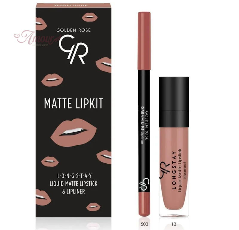 کیت لب مات گلدن رز Golden Rose مدل Warm Nude با مداد لب 503 و رژ لب مایع شماره 13