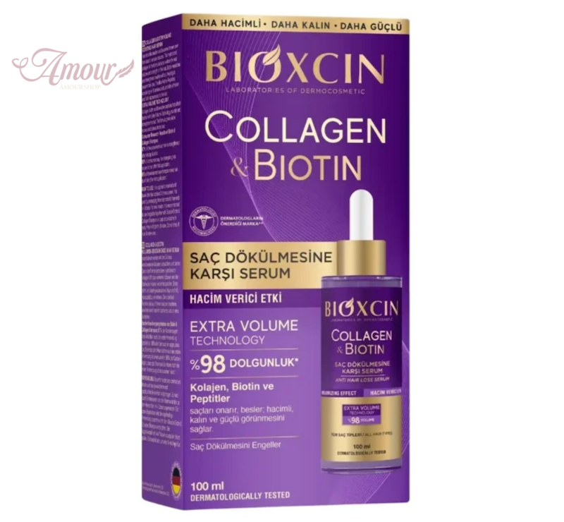 سرم ضد ریزش و حجم دهنده مو بیوکسین Bioxcin مدل Collagen & Biotinحاوی کلاژن و بیوتین/حجم 100 میل