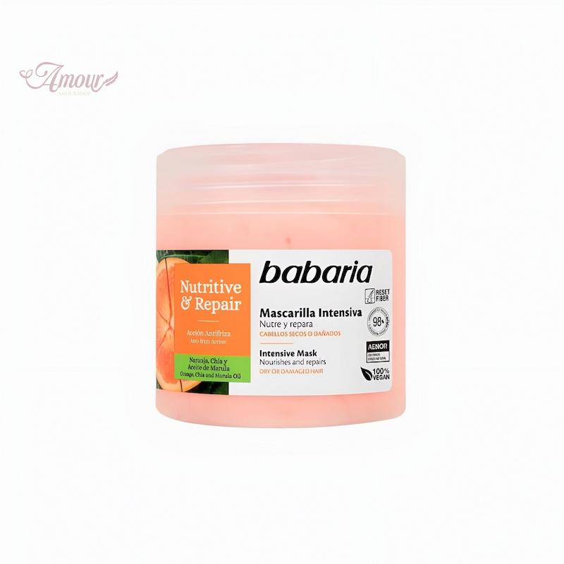 ماسک مغذی و ترمیم کننده مو باباریا babaria مدل Nutritive & Repair مناسب موهای خشک و آسیب دیده/حجم 400 میل
