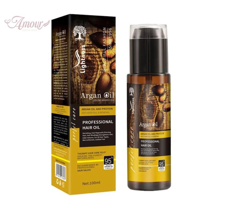 روغن آرگان مراکشی لایتنس Lightness مدل Argan Oil  حاوی روغن آرگان خالص و پروتئین هیدرولیز شده /حجم 100 میلی‌