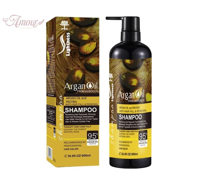 شامپو ضد ریزش و بازسازی کننده مو لایتنس Lightness مدل Argan Oil حاوی روغن آرگان خالص و پروتئین هیدرولیز شده/حجم 900 میلی‌