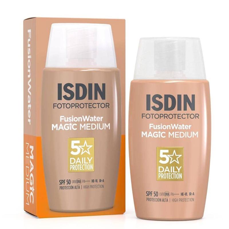 کرم ضد آفتاب رنگی ایزدین  Fusion Water Magic Light Isdin Fusion Water Magic Medium Sunscreen