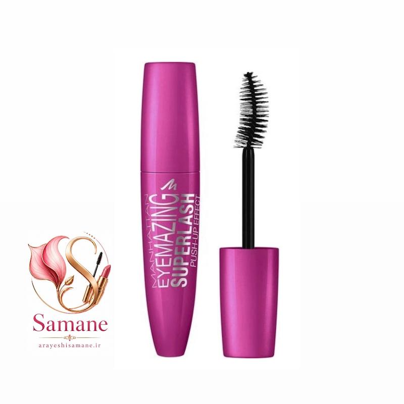 ریمل منهتن مدل Eyemazing Superlash با بسته‌بندی صورتی و برس تخصصی”