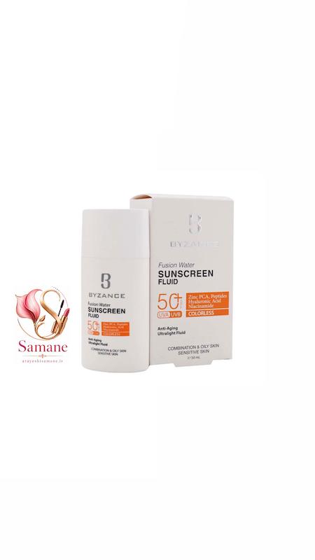 ضدآفتاب فلوییدی بی‌رنگ بیزانس (Byzance) مدل Fusion Water – SPF 50+ مناسب پوست چرب، مختلط و حساس حجم ۵۰میل