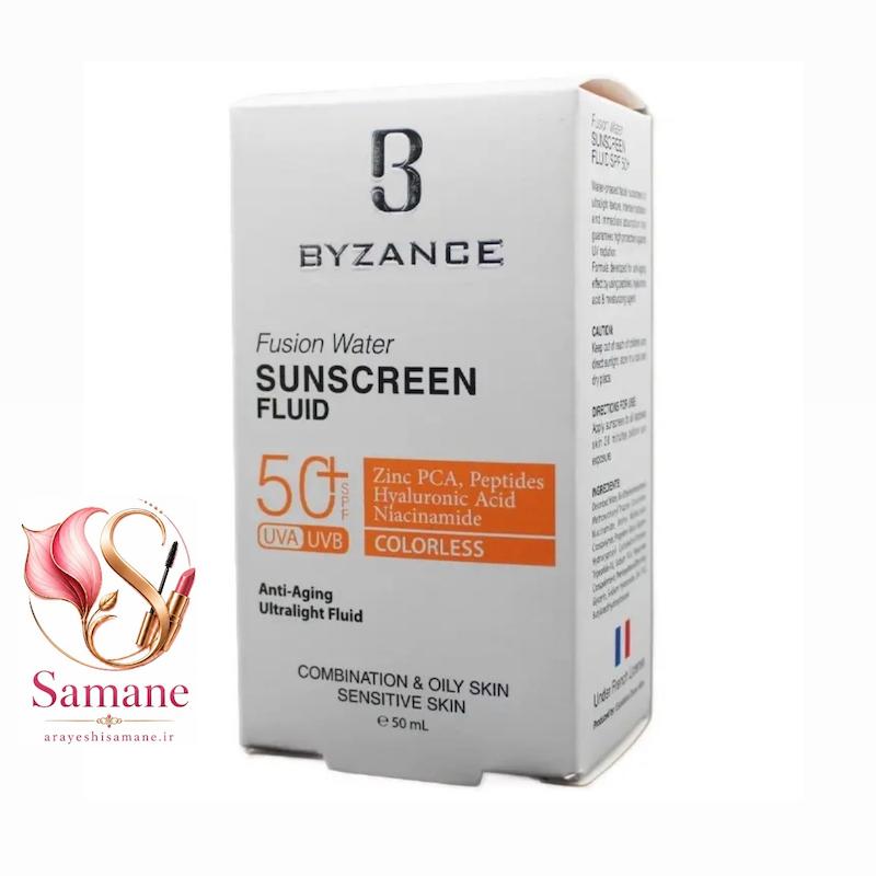 ضدآفتاب فلوییدی بی‌رنگ بیزانس (Byzance) مدل Fusion Water – SPF 50+ مناسب پوست چرب، مختلط و حساس حجم ۵۰میل