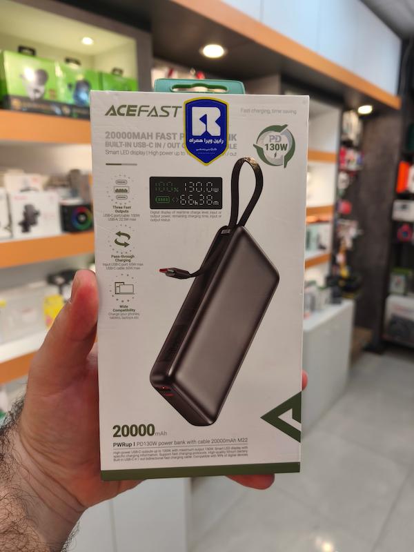 پاوربانک 20000 ایس فست ACEFAST M22 PD130W GaN Fast Charger توان 130 وات همراه با کابل متصل