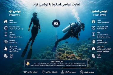 🌊 تفاوت غواصی آزاد (Freediving) و غواصی اسکوبا (Scuba Diving) | کدام انتخاب بهتری برای شماست؟