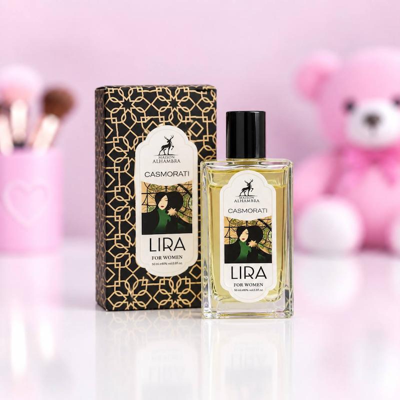 عطر زنانه الحمرا رایحه لیرا Lira حجم ۵۰ میل با جعبه مشکی طلایی
