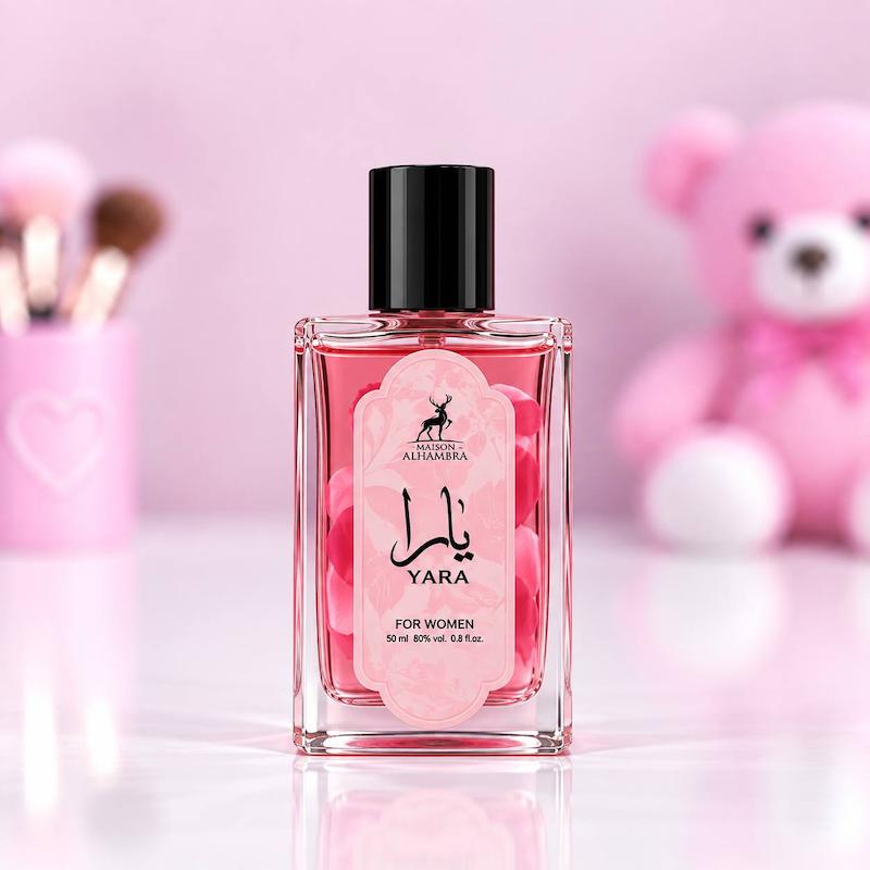عطر زنانه الحمرا با رایحه یارا Yara حجم ۵۰ میل با بطری شیشه‌ای صورتی