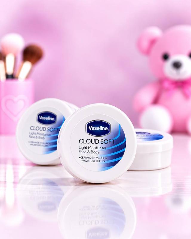 کرم مرطوب‌کننده مینی وازلین Vaseline Cloud Soft با بسته‌بندی کوچک سفید و آبی