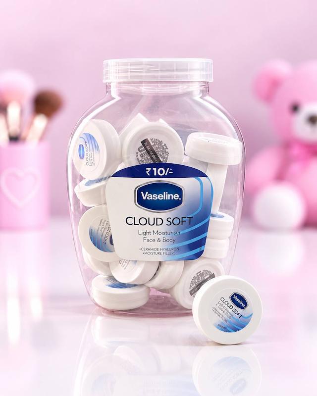 کرم مرطوب‌کننده مینی وازلین Vaseline Cloud Soft با بسته‌بندی کوچک سفید و آبی