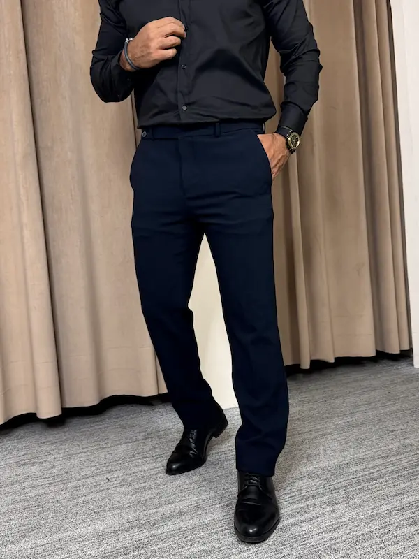 شلوار پارچه ای اسلیم کمر پهن مردانه سرمه ای