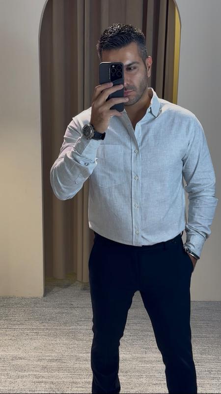 پیراهن لینن آستین بلند مردانه H&M اورجینال طوسی