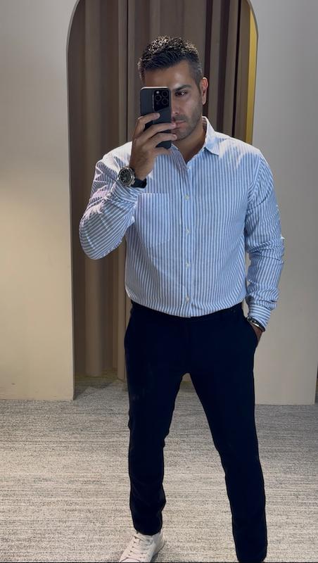 پیراهن لینن آستین بلند مردانه H&M اورجینال ابی