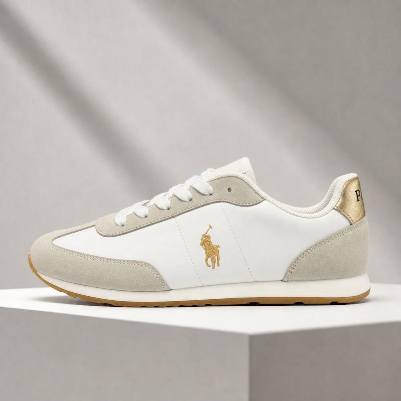 کتونی کژوال پولو رالف لورن زنانه  سفید طوسی با جزئیات طلایی | Polo Ralph Lauren White Grey Gold Sneaker