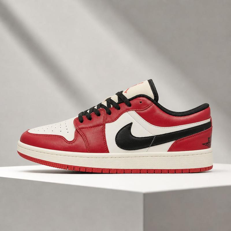 کتونی نایک ایر جردن ۱ لو مردانه قرمز مشکی سفید (شیکاگو لو) Nike Air Jordan 1 Low Red Black White (Chicago Style)