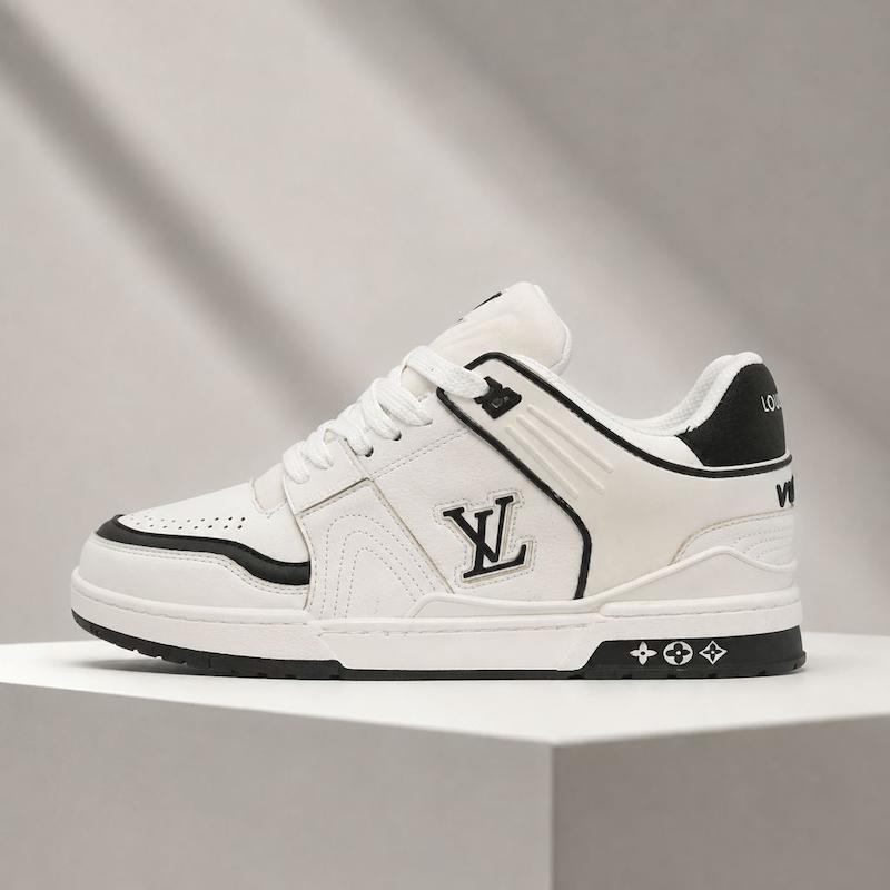 کتونی لویی ویتون مردانه مدل LV Trainer رنگ سفید مشکی   Louis Vuitton LV Trainer White Black Sneaker