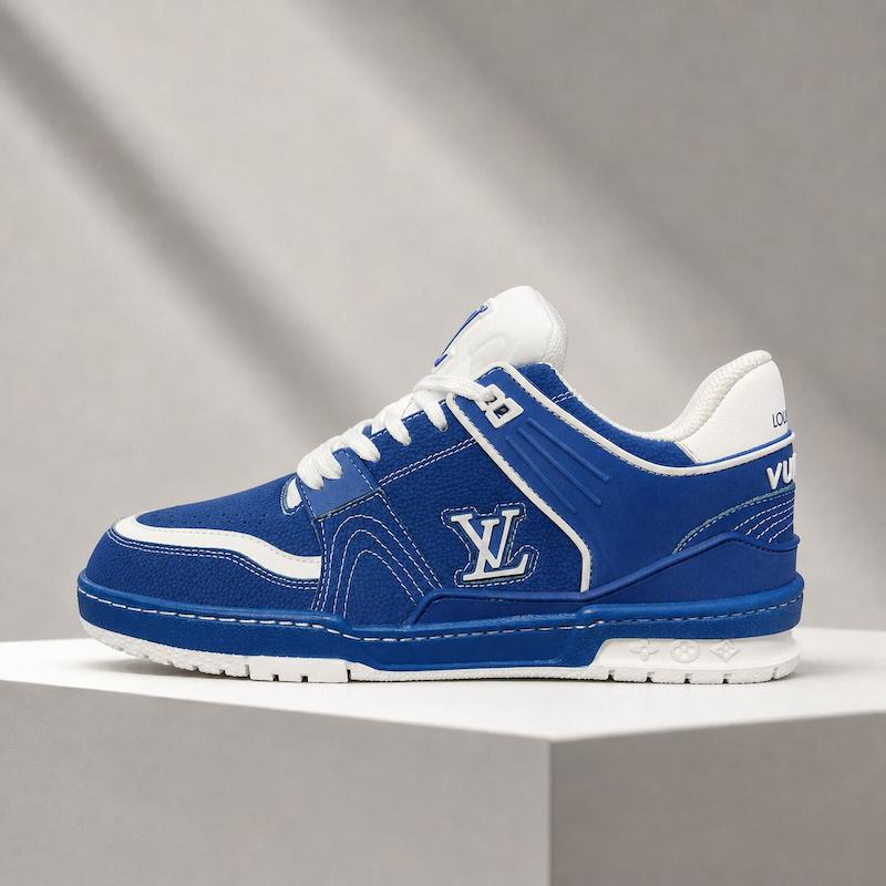 کتونی لویی ویتون مردانه مدل LV Trainer رنگ آبی رویال و سفید   Louis Vuitton LV Trainer Royal Blue White Sneakers