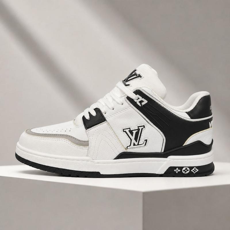 کتونی لویی ویتون مردانه مدل LV Trainer رنگ سفید مشکی (کلاسیک)   Louis Vuitton LV Trainer White Black Classic Sneakers