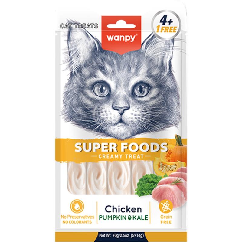 تشویقی بستنی گربه ونپی با طعم مرغ و کدو تنبل و کلم Wanpy Creamy Treat Superfoods وزن 70 گرمی بسته پنج عددی