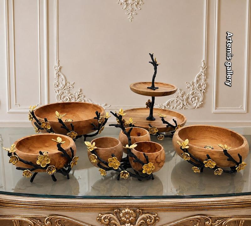 سرویس پذیرایی ۵ تکه چوب گردو گل و پروانه