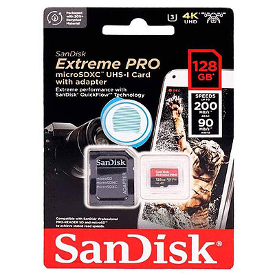 رم میکرو 128 گیگ سن دیسک SanDisk Extreme Pro V30 U3 A2 C10 200MBs + خشاب