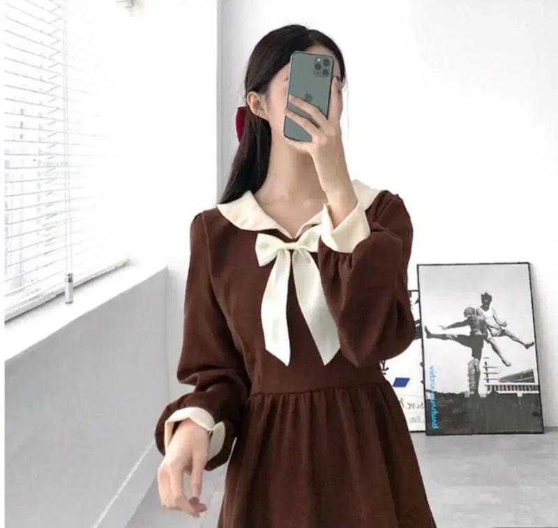 پیراهن مخمل کبریتی زنانه و دخترانه پیراهن بلند زنانه یقه ملوانی | استایل کره‌ای شیک و خاص