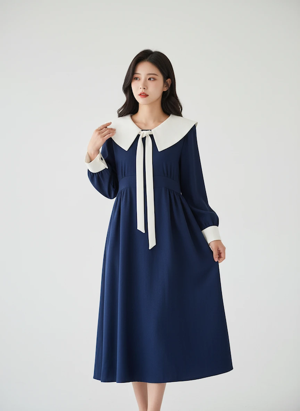 پیراهن مخمل کبریتی زنانه و دخترانه پیراهن بلند زنانه یقه ملوانی | استایل کره‌ای شیک و خاص