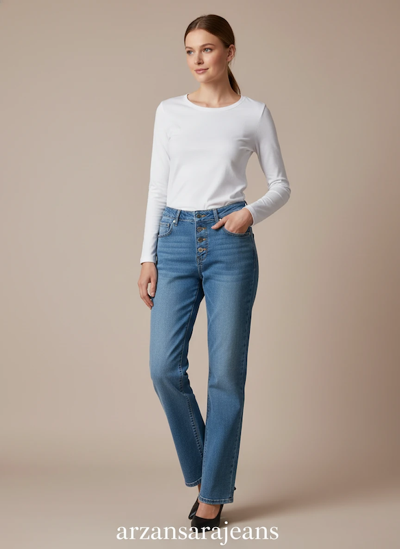 خرید شلوار جین زنانه قدبلند دکمه‌ای | arzansarajeans