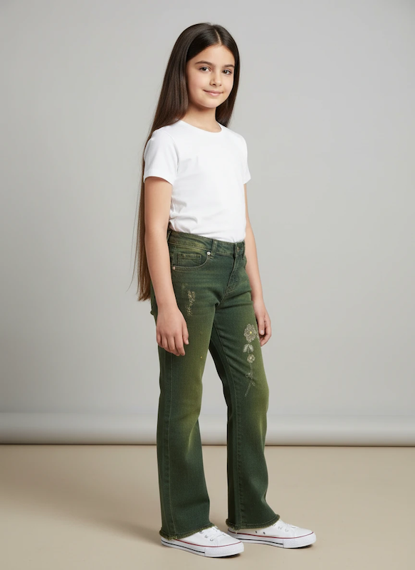 شلوار جین دخترانه سبز زیتونی | فیت راحت و قد کشیده با طرح ظریف