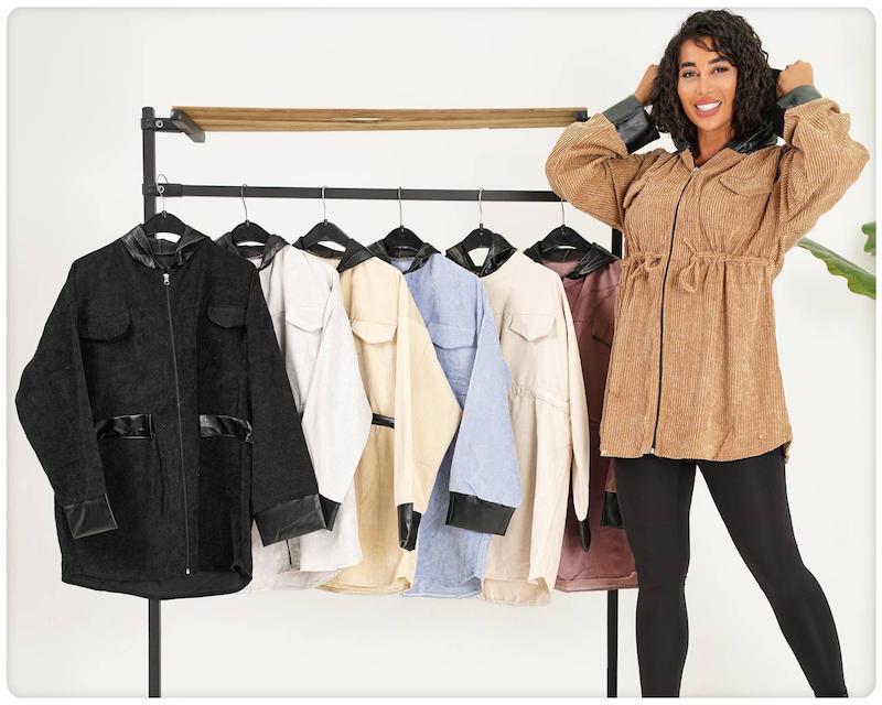 پالتو پاییزه ترکیبی چرم و مخمل کبریتی 