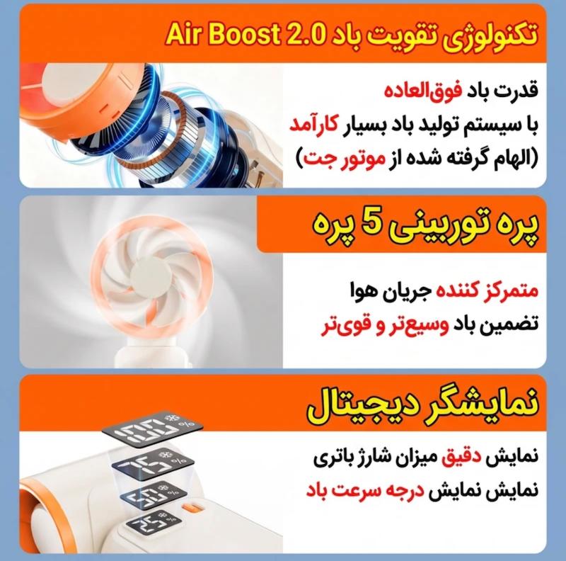 پنکه شارژی توربو مدل JY-03 با تنظیم سرعت ۱۰۰ درجه و نمایشگر دیجیتال