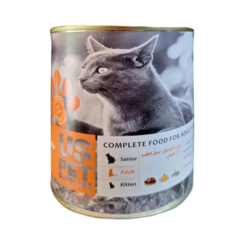 کنسرو پته مخصوص گربه بالغ Us pet با طعم مرغ و کدو تنبل و سنبل الطیب  430 گرمی