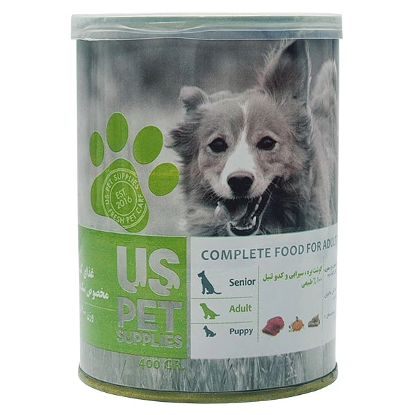 کنسرو پته مخصوص سگ بالغ Us pet با طعم گوشت بره،سیرابی و کدو تنبل 400 گرمی