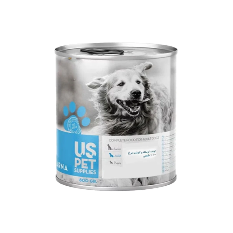 کنسرو پته مخصوص سگ بالغ Us pet با طعم گوشت گوساله و گوشت مرغ 800 گرمی