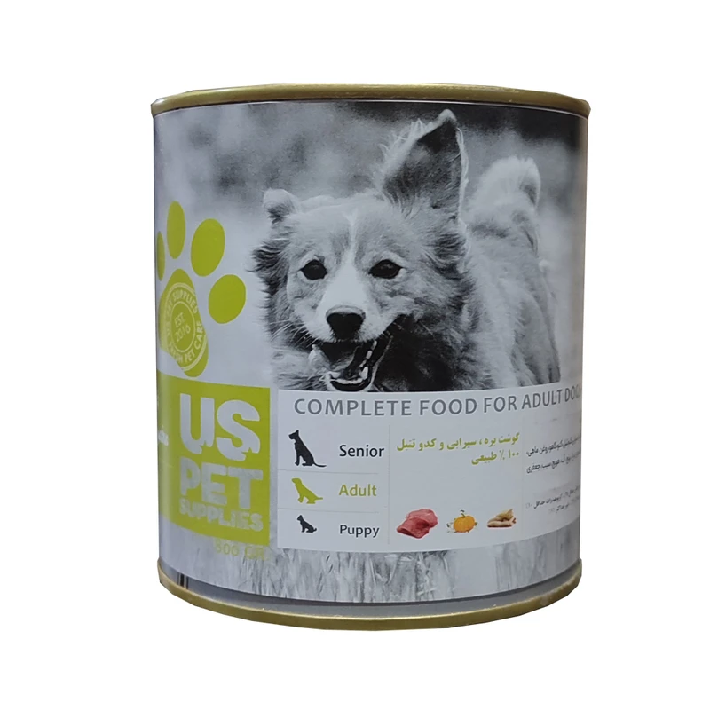 کنسرو پته مخصوص سگ بالغ Us pet با طعم بره و سیرابی و کدو تنبل800 گرمی