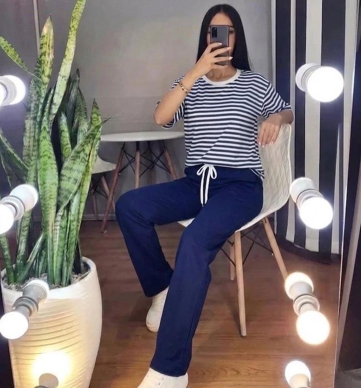 ست تیشرت و شلوار زنانه صورتی راه‌راه